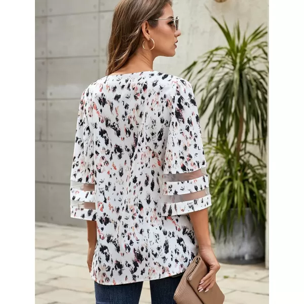 imageluvamia Womens Casual V Neck Blouse 34 Bell Sleeve Mesh Panel Shirts Loose TopC Abstract Print