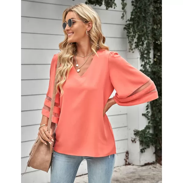 imageluvamia Womens Casual V Neck Blouse 34 Bell Sleeve Mesh Panel Shirts Loose TopC Coral