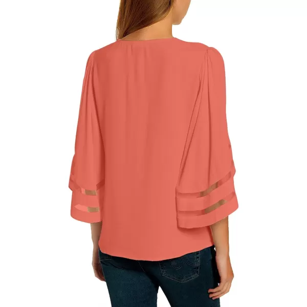 imageluvamia Womens Casual V Neck Blouse 34 Bell Sleeve Mesh Panel Shirts Loose TopC Coral