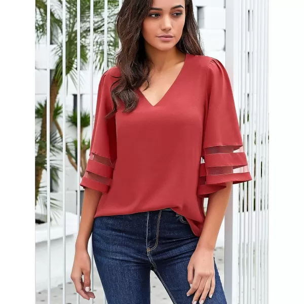 imageluvamia Womens Casual V Neck Blouse 34 Bell Sleeve Mesh Panel Shirts Loose TopC Cranberry