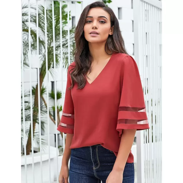 imageluvamia Womens Casual V Neck Blouse 34 Bell Sleeve Mesh Panel Shirts Loose TopC Cranberry