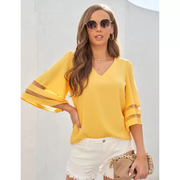 imageluvamia Womens Casual V Neck Blouse 34 Bell Sleeve Mesh Panel Shirts Loose TopC Cyber Yellow