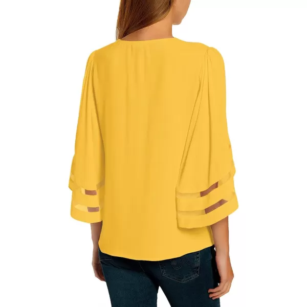 imageluvamia Womens Casual V Neck Blouse 34 Bell Sleeve Mesh Panel Shirts Loose TopC Cyber Yellow