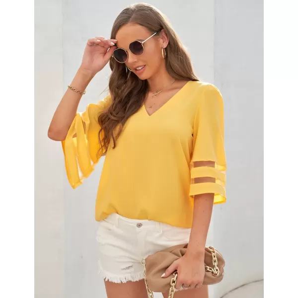 imageluvamia Womens Casual V Neck Blouse 34 Bell Sleeve Mesh Panel Shirts Loose TopC Cyber Yellow