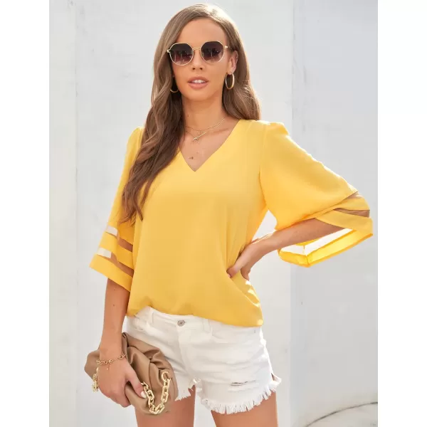 imageluvamia Womens Casual V Neck Blouse 34 Bell Sleeve Mesh Panel Shirts Loose TopC Cyber Yellow