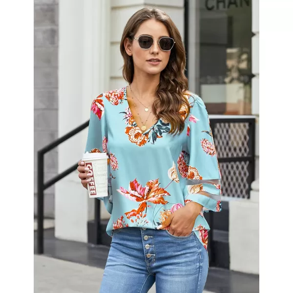 imageluvamia Womens Casual V Neck Blouse 34 Bell Sleeve Mesh Panel Shirts Loose TopC Floral Print Blue Topaz