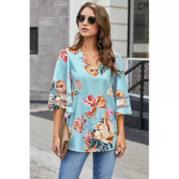 imageluvamia Womens Casual V Neck Blouse 34 Bell Sleeve Mesh Panel Shirts Loose TopC Floral Print Blue Topaz