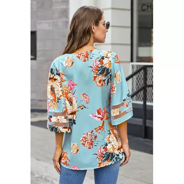 imageluvamia Womens Casual V Neck Blouse 34 Bell Sleeve Mesh Panel Shirts Loose TopC Floral Print Blue Topaz