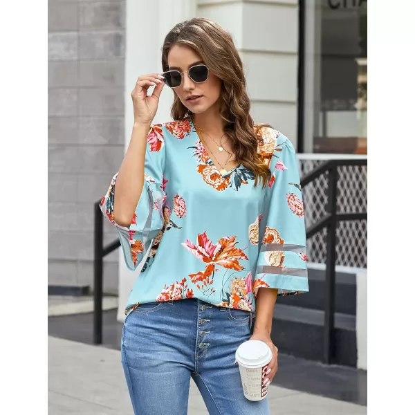 imageluvamia Womens Casual V Neck Blouse 34 Bell Sleeve Mesh Panel Shirts Loose TopC Floral Print Blue Topaz