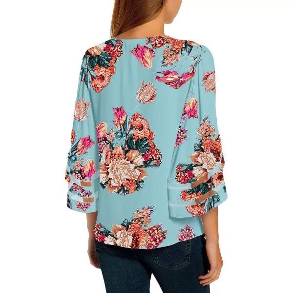 imageluvamia Womens Casual V Neck Blouse 34 Bell Sleeve Mesh Panel Shirts Loose TopC Floral Print Blue Topaz