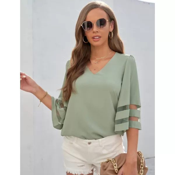 imageluvamia Womens Casual V Neck Blouse 34 Bell Sleeve Mesh Panel Shirts Loose TopC Frosty Green