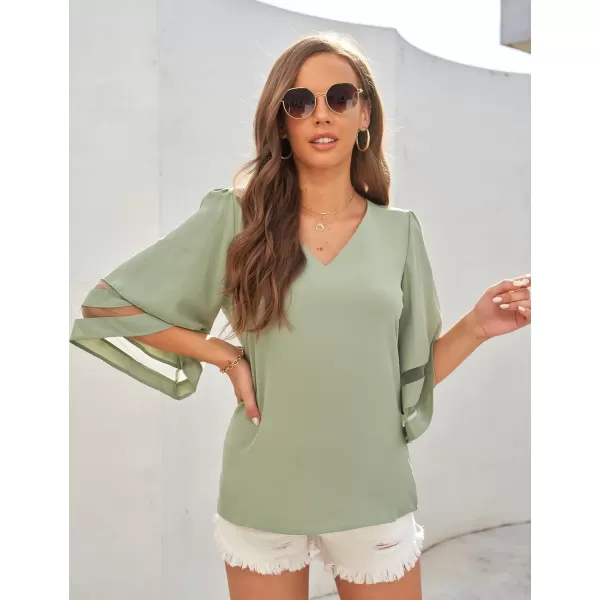 imageluvamia Womens Casual V Neck Blouse 34 Bell Sleeve Mesh Panel Shirts Loose TopC Frosty Green