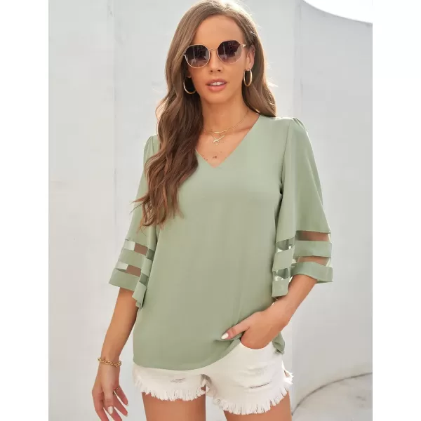 imageluvamia Womens Casual V Neck Blouse 34 Bell Sleeve Mesh Panel Shirts Loose TopC Frosty Green