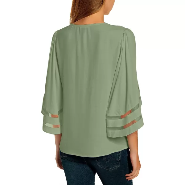 imageluvamia Womens Casual V Neck Blouse 34 Bell Sleeve Mesh Panel Shirts Loose TopC Frosty Green