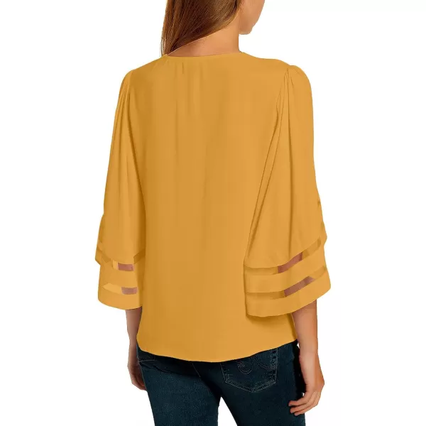 imageluvamia Womens Casual V Neck Blouse 34 Bell Sleeve Mesh Panel Shirts Loose TopC Golden Glow