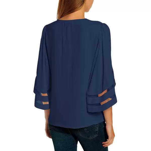 imageluvamia Womens Casual V Neck Blouse 34 Bell Sleeve Mesh Panel Shirts Loose TopC Insignia Blue