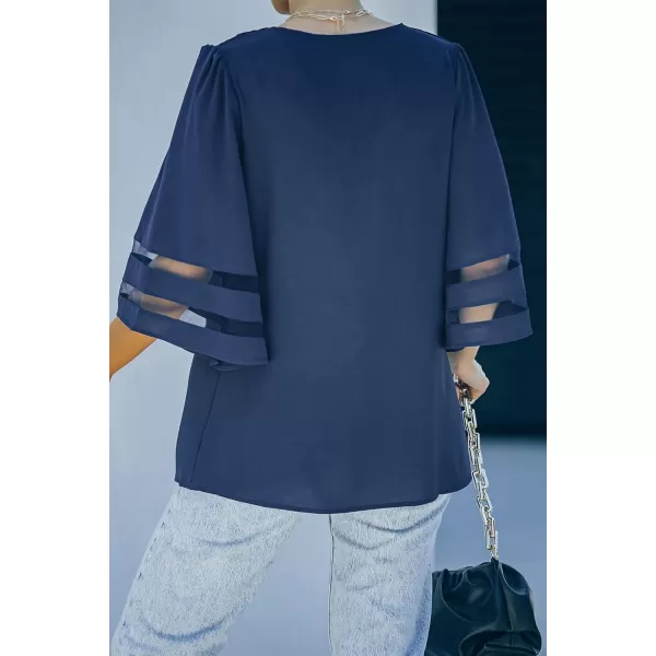 imageluvamia Womens Casual V Neck Blouse 34 Bell Sleeve Mesh Panel Shirts Loose TopC Insignia Blue