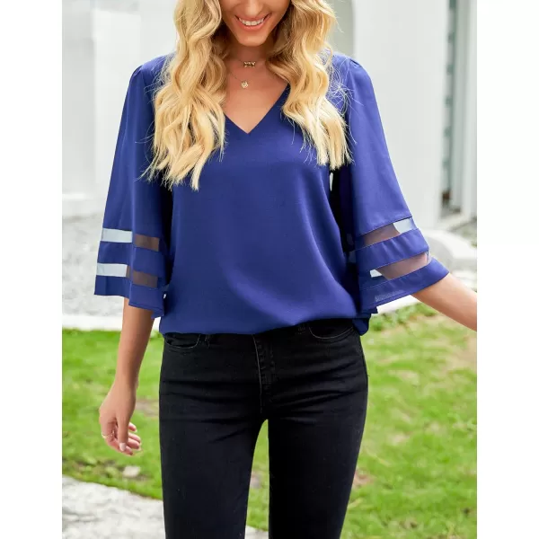 imageluvamia Womens Casual V Neck Blouse 34 Bell Sleeve Mesh Panel Shirts Loose TopC Lapis Blue