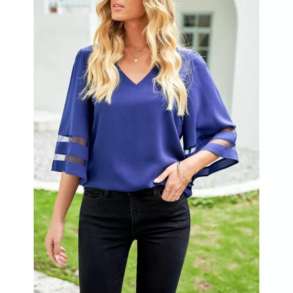 imageluvamia Womens Casual V Neck Blouse 34 Bell Sleeve Mesh Panel Shirts Loose TopC Lapis Blue