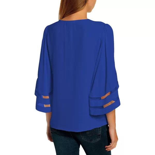 imageluvamia Womens Casual V Neck Blouse 34 Bell Sleeve Mesh Panel Shirts Loose TopC Lapis Blue