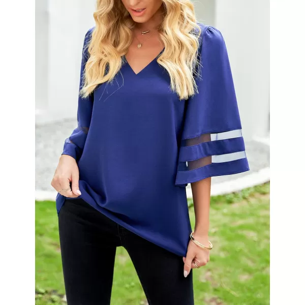 imageluvamia Womens Casual V Neck Blouse 34 Bell Sleeve Mesh Panel Shirts Loose TopC Lapis Blue