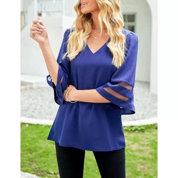 imageluvamia Womens Casual V Neck Blouse 34 Bell Sleeve Mesh Panel Shirts Loose TopC Lapis Blue