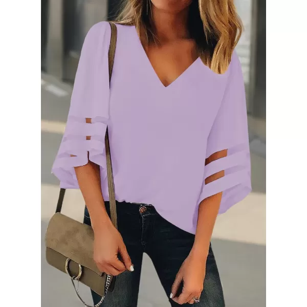 imageluvamia Womens Casual V Neck Blouse 34 Bell Sleeve Mesh Panel Shirts Loose TopC Lavender