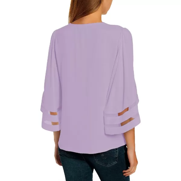 imageluvamia Womens Casual V Neck Blouse 34 Bell Sleeve Mesh Panel Shirts Loose TopC Lavender