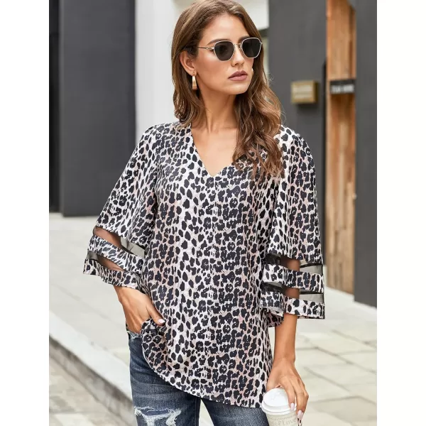 imageluvamia Womens Casual V Neck Blouse 34 Bell Sleeve Mesh Panel Shirts Loose TopC Leopard Print