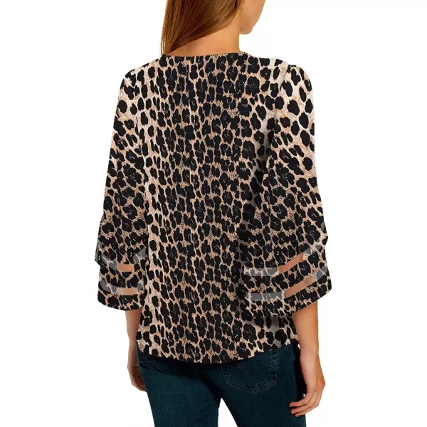 imageluvamia Womens Casual V Neck Blouse 34 Bell Sleeve Mesh Panel Shirts Loose TopC Leopard Print