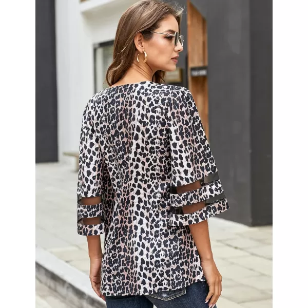 imageluvamia Womens Casual V Neck Blouse 34 Bell Sleeve Mesh Panel Shirts Loose TopC Leopard Print