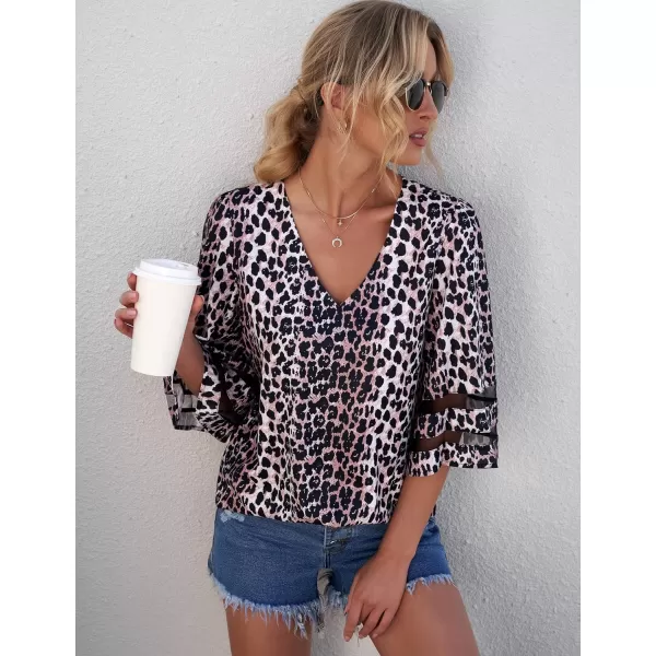 imageluvamia Womens Casual V Neck Blouse 34 Bell Sleeve Mesh Panel Shirts Loose TopC Leopard Print