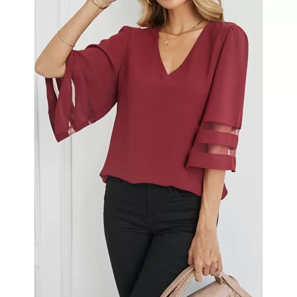 imageluvamia Womens Casual V Neck Blouse 34 Bell Sleeve Mesh Panel Shirts Loose TopC Rhubarb