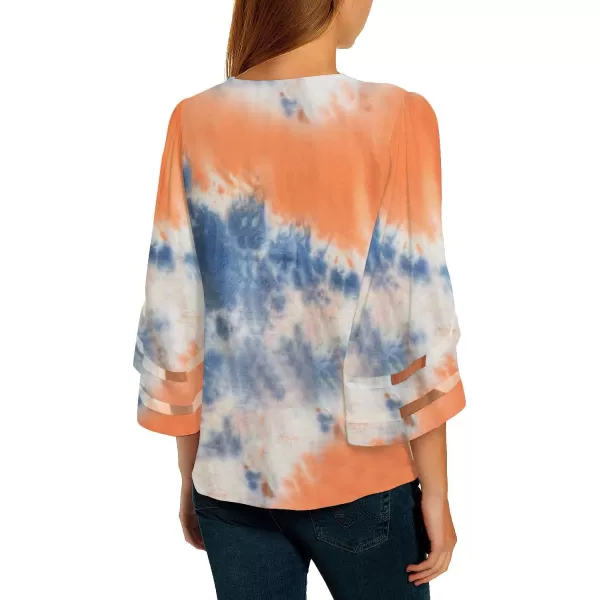 imageluvamia Womens Casual V Neck Blouse 34 Bell Sleeve Mesh Panel Shirts Loose TopD Blue  Orange Tye Dye