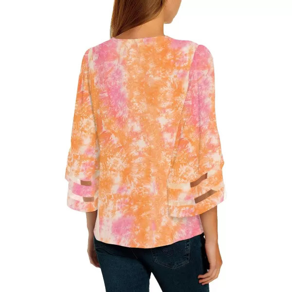 imageluvamia Womens Casual V Neck Blouse 34 Bell Sleeve Mesh Panel Shirts Loose TopD Orange Pink Tie Dye