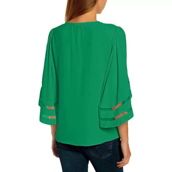 imageluvamia Womens Casual V Neck Blouse 34 Bell Sleeve Mesh Panel Shirts Loose TopEvergreen