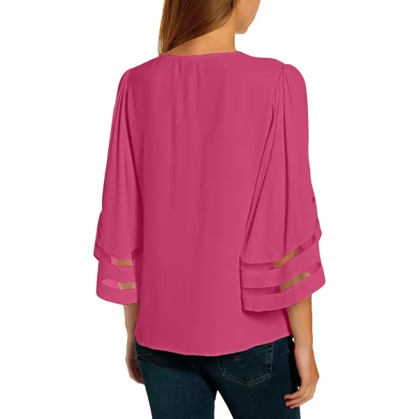 imageluvamia Womens Casual V Neck Blouse 34 Bell Sleeve Mesh Panel Shirts Loose TopHot Pink