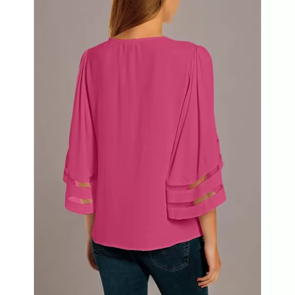 imageluvamia Womens Casual V Neck Blouse 34 Bell Sleeve Mesh Panel Shirts Loose TopHot Pink