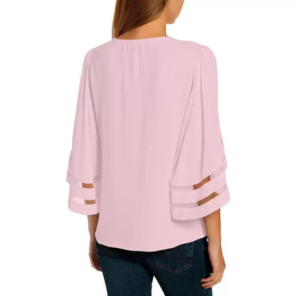 imageluvamia Womens Casual V Neck Blouse 34 Bell Sleeve Mesh Panel Shirts Loose TopLight Pink Cradle Pink