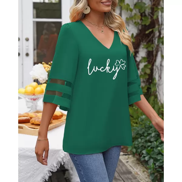 imageluvamia Womens Casual V Neck Blouse 34 Bell Sleeve Mesh Panel Shirts Loose TopLucky Evergreen