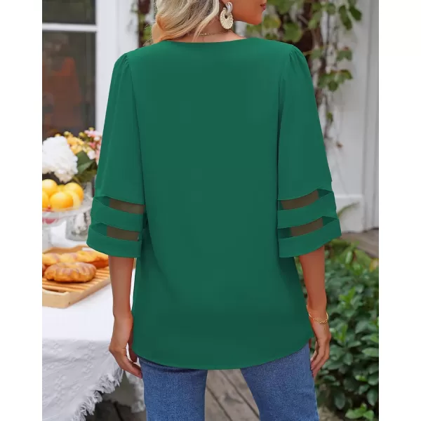 imageluvamia Womens Casual V Neck Blouse 34 Bell Sleeve Mesh Panel Shirts Loose TopLucky Evergreen