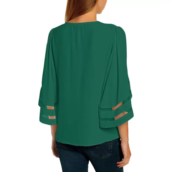 imageluvamia Womens Casual V Neck Blouse 34 Bell Sleeve Mesh Panel Shirts Loose TopLucky Evergreen