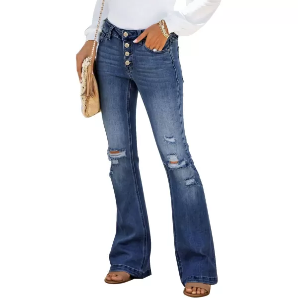 imageluvamia Womens Ripped Flare Bell Bottom Jeans Pants Retro Wide Leg Denim PantsC Bay Blue Rip