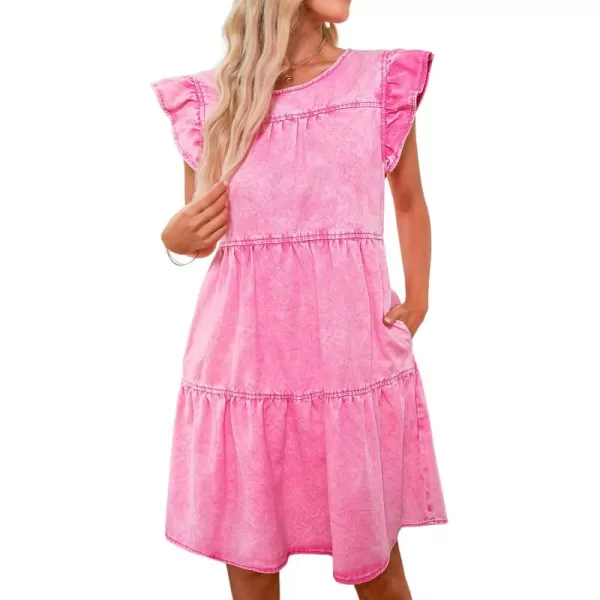 imageluvamia 2024 Denim Dress for Women Summer Babydoll Sleeveless Ruffle Sleeve Mini Dresses Loose Flowy Swing Pleated DressAurora Pink