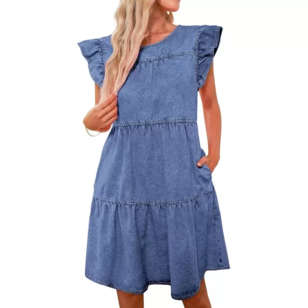 imageluvamia 2024 Denim Dress for Women Summer Babydoll Sleeveless Ruffle Sleeve Mini Dresses Loose Flowy Swing Pleated DressBay Blue