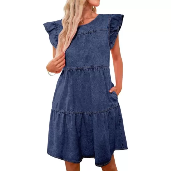 imageluvamia 2024 Denim Dress for Women Summer Babydoll Sleeveless Ruffle Sleeve Mini Dresses Loose Flowy Swing Pleated DressReef Blue