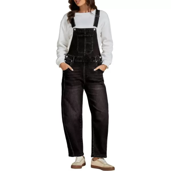 imageluvamia Barrel Leg Overalls for Women Baggy Bib Stretchy Denim Jumpsuit Loose Fit Jean Overall Jumpsuits with PocketsWashed Black