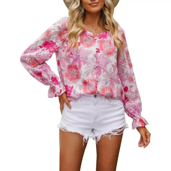 imageluvamia Blouses for Women Dressy Casual Button Down Blouse Floral Peasant Tops Lantern Ruffle Long Sleeve ShirtsHot Pink Floral