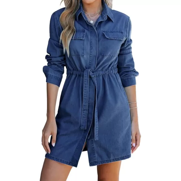 imageluvamia Denim Dress for Women Long Sleeve Jean Button Down Shirt Dresses with Pockets Casual Fashion Shift Short DressClassic Blue