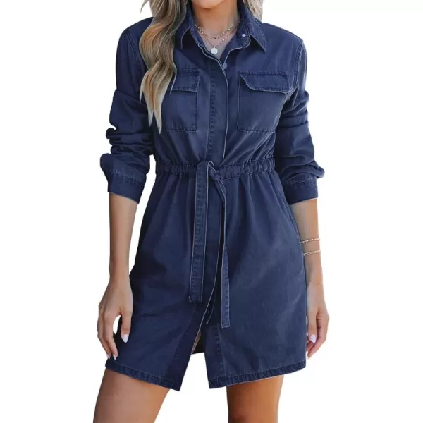 imageluvamia Denim Dress for Women Long Sleeve Jean Button Down Shirt Dresses with Pockets Casual Fashion Shift Short DressDark Blue